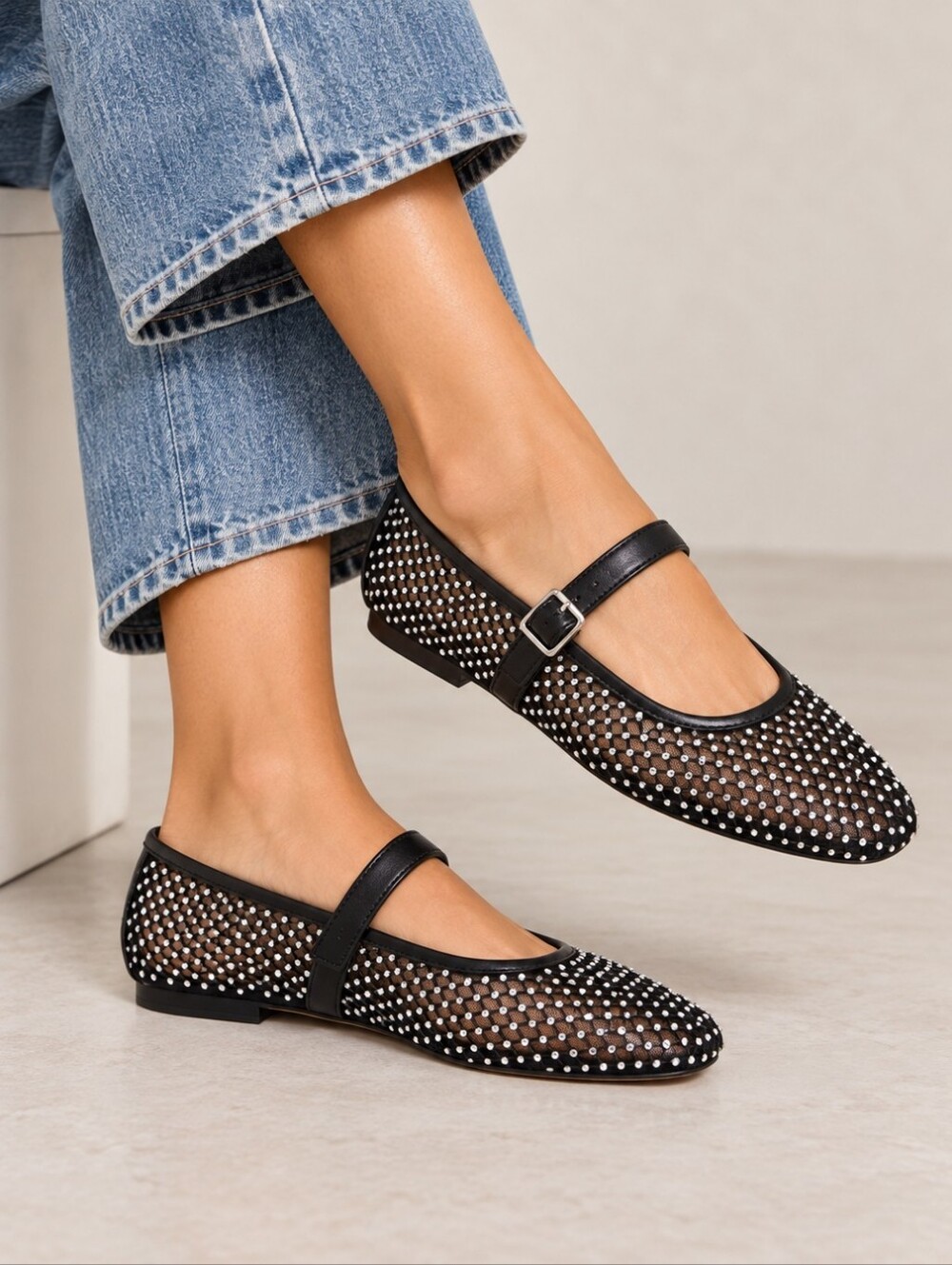 Steve Madden Dreaming Rhinestone Mesh Mary Jane Ballet Flats Black Size 8
